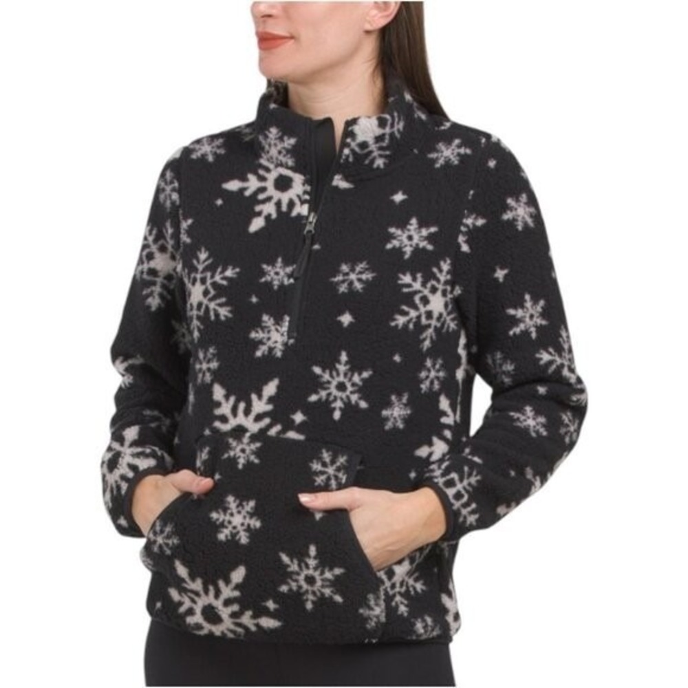 Neve‎ Sweater Women's Large L Black/White Snowflake Faux Sherpa 1/2 Zip Pullover